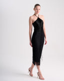 ALPHORRIA - Vestido Midi Bordados Franja Preto