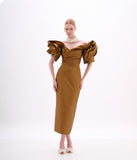 ARTE SACRA - Vestido Midi Ombro a Ombro Tafetá Golden Brown