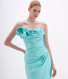 ARTE SACRA - Vestido Longo Sereia Drapeado Moulage Ombro Zibeline Silk Aqua