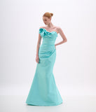 ARTE SACRA - Vestido Longo Sereia Drapeado Moulage Ombro Zibeline Silk Aqua
