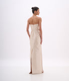 ARTE SACRA - Vestido Longo Frente Bordado Zibeline + Cetim Plisse Areia