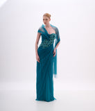 ARTE SACRA - Vestido Longo Ombro Solto Frente Bordada Tule Dress Emerald Lake