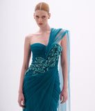 ARTE SACRA - Vestido Longo Ombro Solto Frente Bordada Tule Dress Emerald Lake