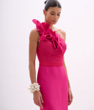 ARTE SACRA - Vestido Longo Um Ombro Só Moulage Tule Raia Giullen Pink