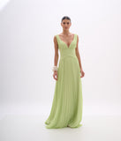 ARTE SACRA - Vestido Plissado Longo Decote Crepe Michelangelo Acid Lima