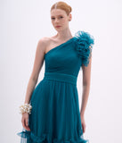 ARTE SACRA - Vestido Um Ombro Só Plissado Tule Dress Emerald Lake