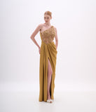 ARTE SACRA - Vestido Um Ombro Só Bordado Satinacetouch Gold