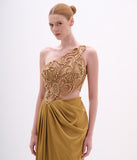 ARTE SACRA - Vestido Um Ombro Só Bordado Satinacetouch Gold