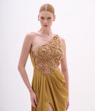 ARTE SACRA - Vestido Um Ombro Só Bordado Satinacetouch Gold