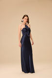 VICTOR DZENK - Vestido Cetim Visco C/ Flor Decote Azul Marinho