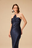 VICTOR DZENK - Vestido Cetim Visco C/ Flor Decote Azul Marinho