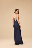 VICTOR DZENK - Vestido Cetim Visco C/ Flor Decote Azul Marinho