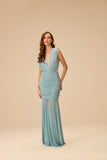 VICTOR DZENK - Vestido Tule Drapeado C/ Ombreira Azul Light
