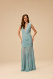 VICTOR DZENK - Vestido Tule Drapeado C/ Ombreira Azul Light