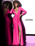 JOVANI - Vestido Longo Drapeado Fenda Hot Pink