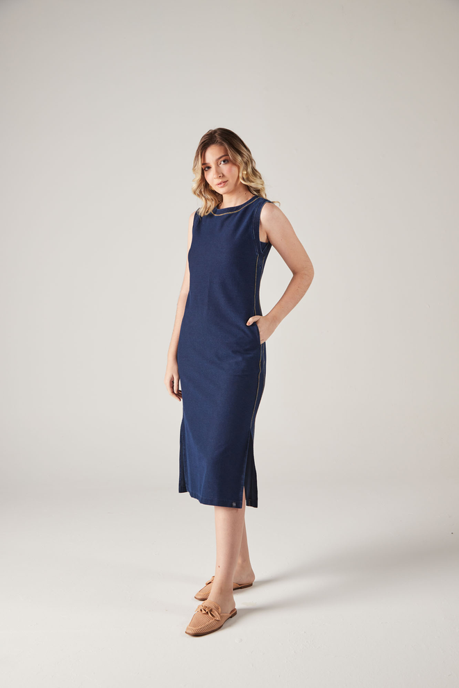 SCALON - Vestido Malha Denim Midi Destroyer - Verão 23