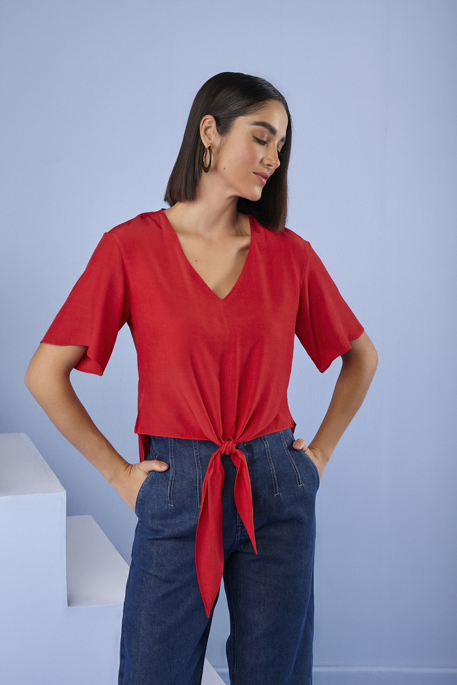 SCALON - Blusa Manga Curta Vermelho Cereja - Verão 23