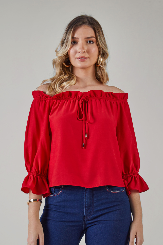SCALON - Blusa Viscose Manga 3/4 Tulipa Vermelha - Verão 23
