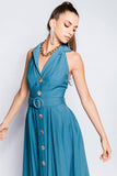 Vestido Frente Única com Cinto Detalhe Botões Azul - Ana Vargas