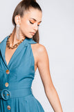 Vestido Frente Única com Cinto Detalhe Botões Azul - Ana Vargas