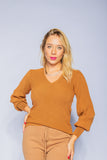 ESGOTADO - ANSELMI (AMBICIONE) - Blusa de Tricô Manga Longa Bufante Decote V Caramelo - Inverno 21