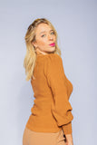 ESGOTADO - ANSELMI (AMBICIONE) - Blusa de Tricô Manga Longa Bufante Decote V Caramelo - Inverno 21
