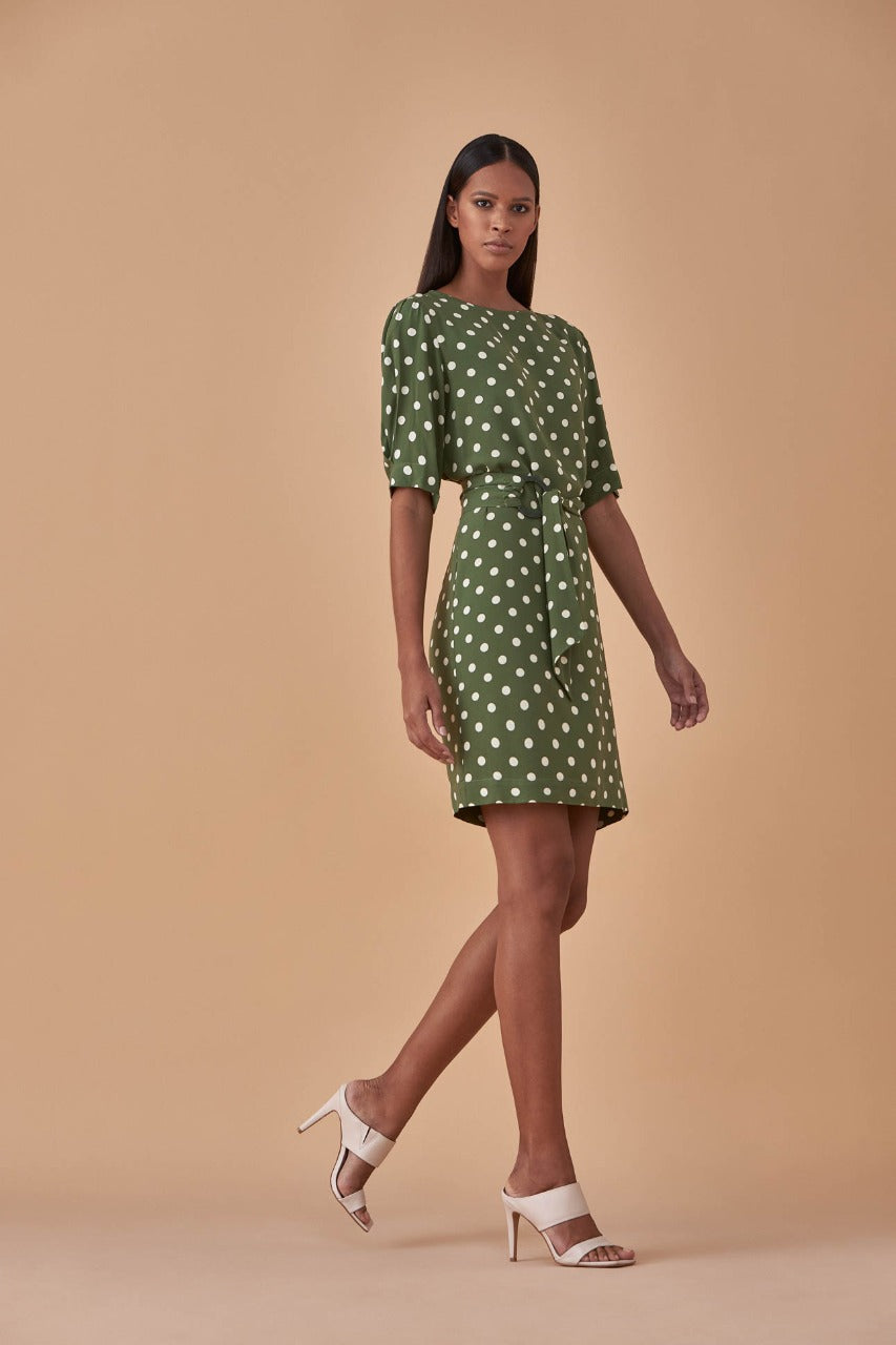 CHOLET Vestido de Crepe Estampado com Cinto Mini Poá Verde/Off-White